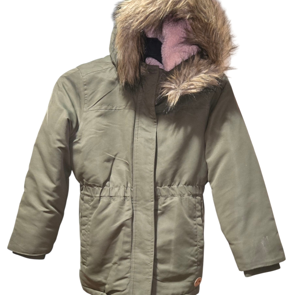Children's Olive Hooded Puffer Jacket with Faux Fur